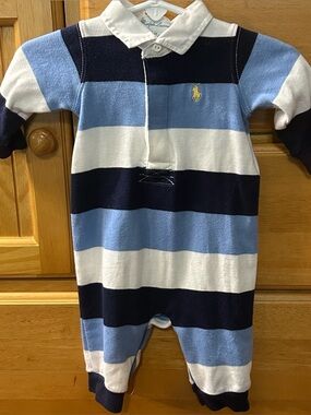 Ralph Lauren Baby Boy's Blue and White Striped Collared Romper Size 3 Months